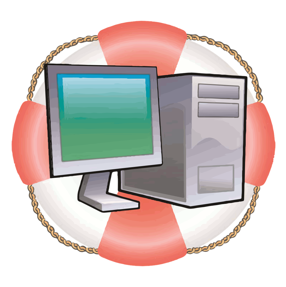 Loren's Computer Help logo: a computer inside a rescue tube riding ocean waves